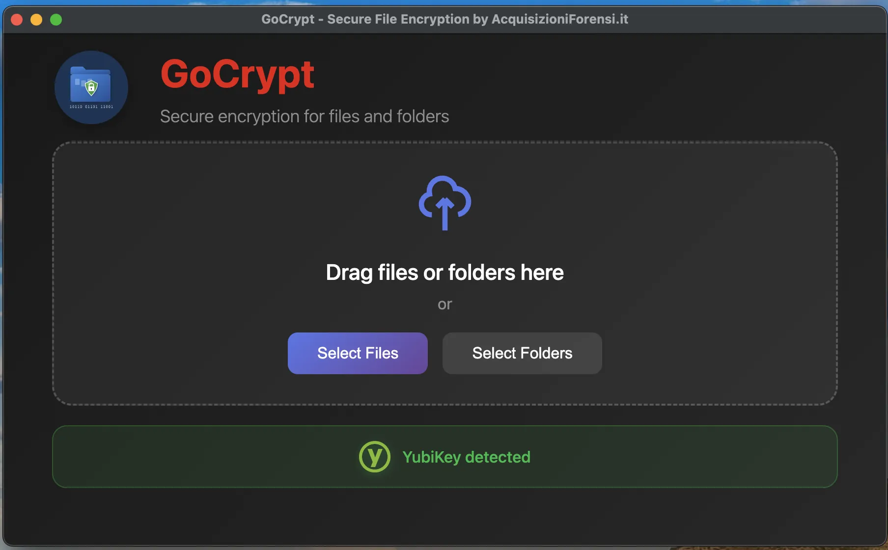 GoCrypt v2.0 - Interfaccia principale con crittografia AES-256-GCM, supporto YubiKey e tema scuro
