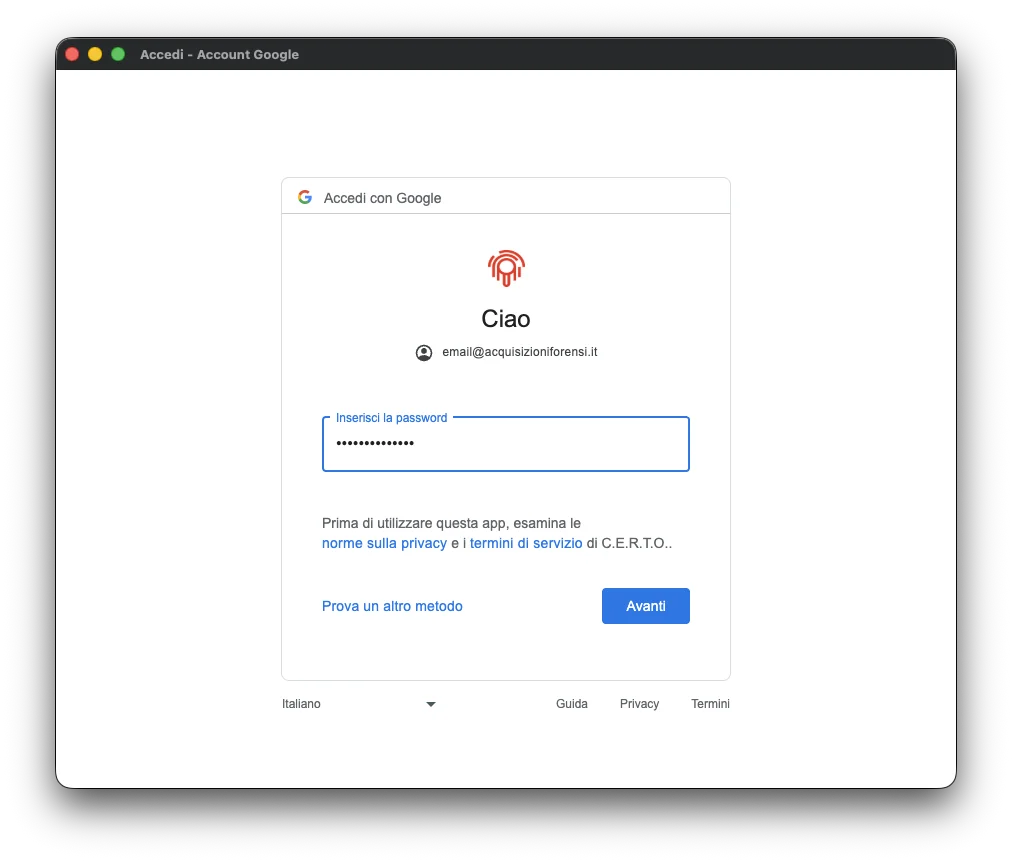 Finestra OAuth isolata: login Google con inserimento password