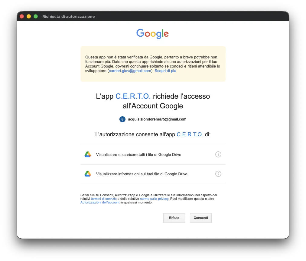 Finestra OAuth Google: C.E.R.T.O. richiede accesso in sola lettura a Google Drive