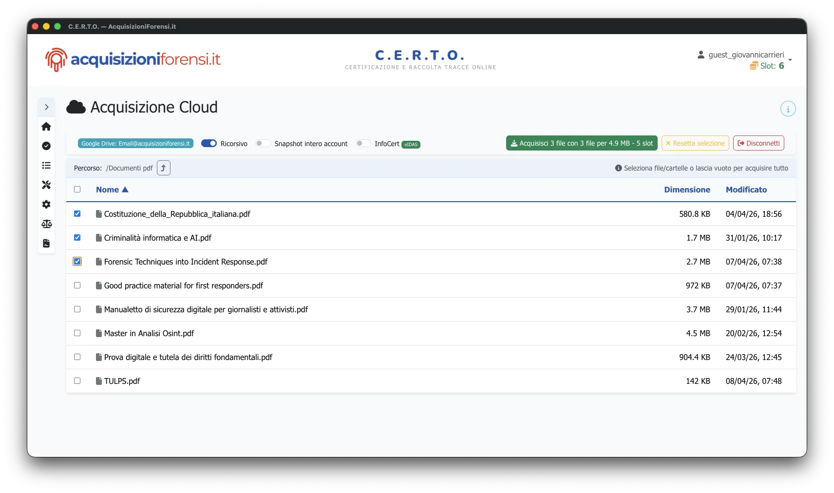 C.E.R.T.O. - Selezione file da acquisire con conteggio e dimensioni