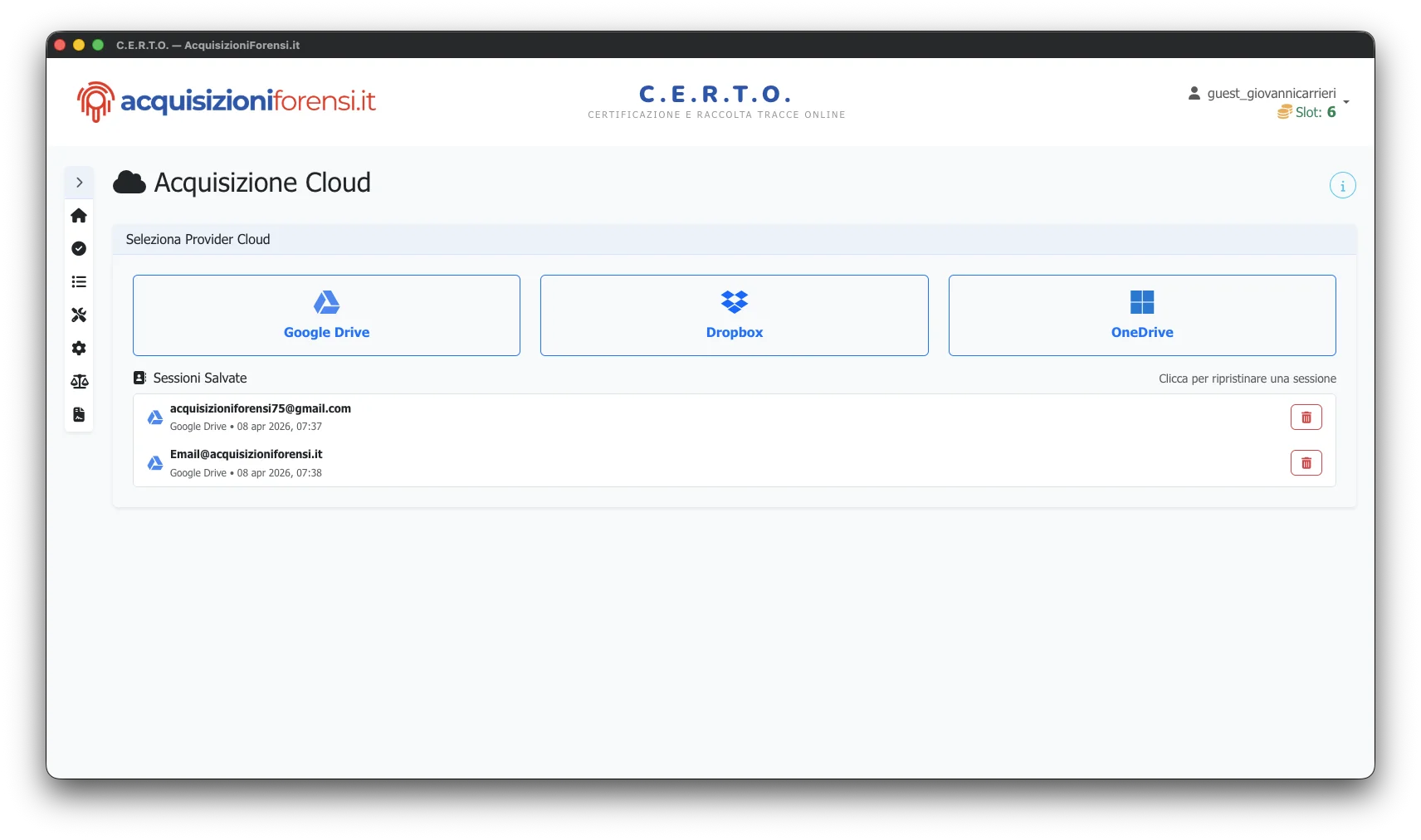 C.E.R.T.O. - Selezione provider cloud: Google Drive, Dropbox, OneDrive con rubrica sessioni salvate