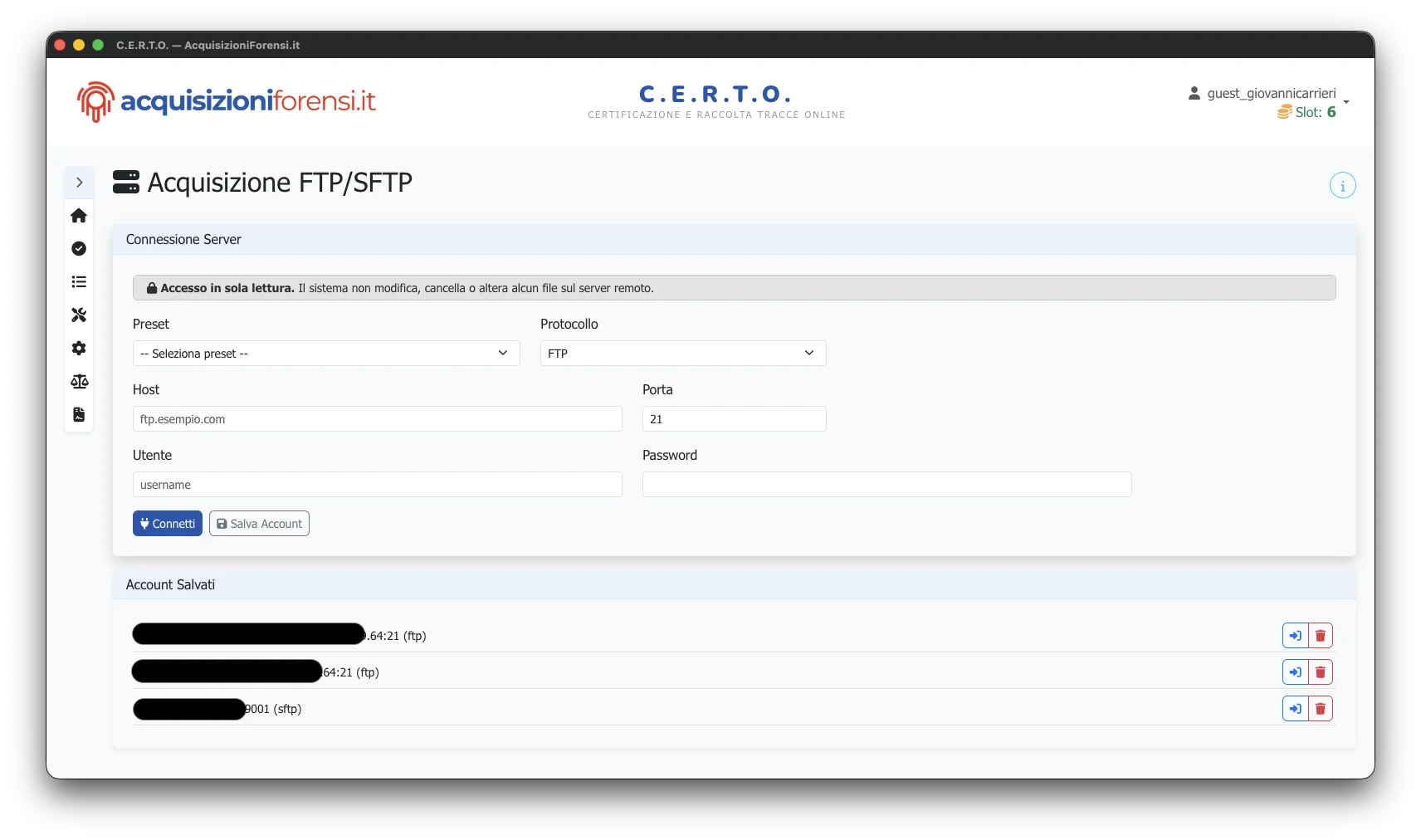 C.E.R.T.O. - Configurazione connessione FTP/SFTP con preset e account salvati