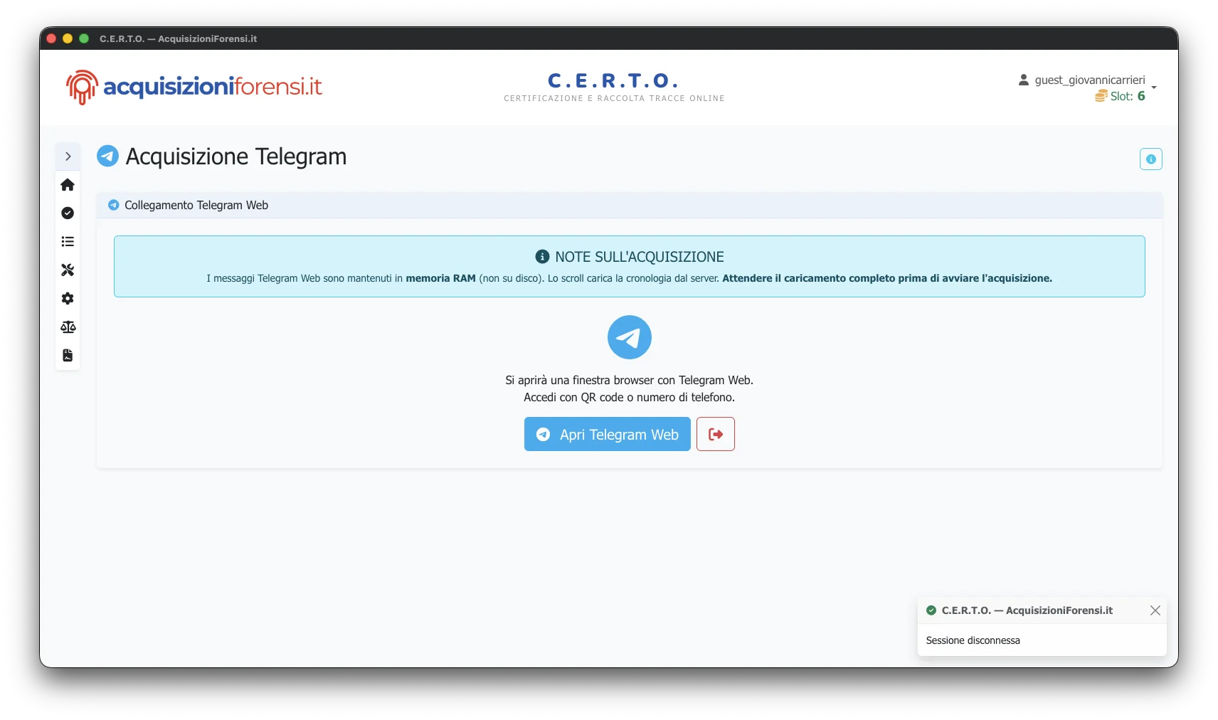 C.E.R.T.O. - Interfaccia acquisizione Telegram con pulsante Apri Telegram Web