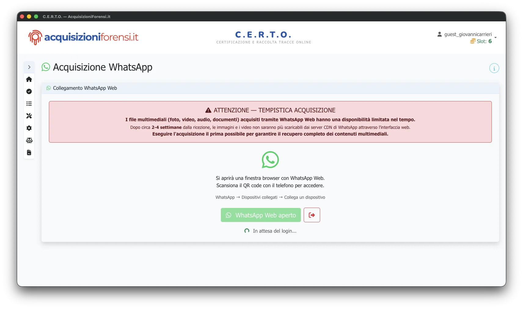 C.E.R.T.O. - Interfaccia acquisizione WhatsApp con pulsante WhatsApp Web aperto e avviso tempistica
