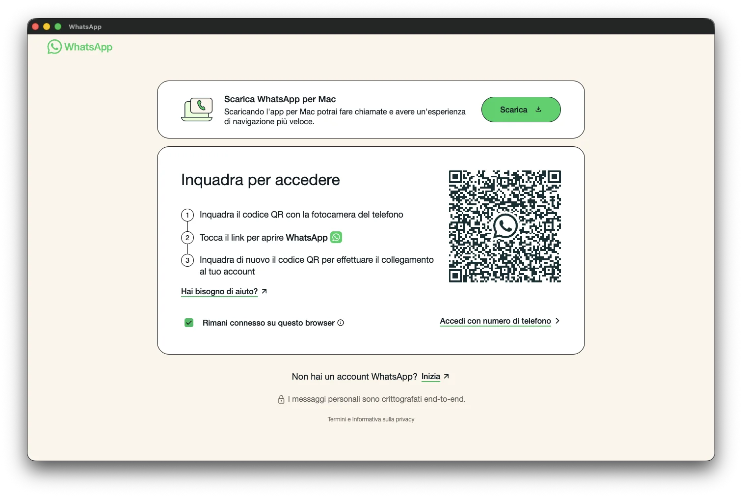 WhatsApp Web - Schermata di login con QR code da inquadrare con il telefono