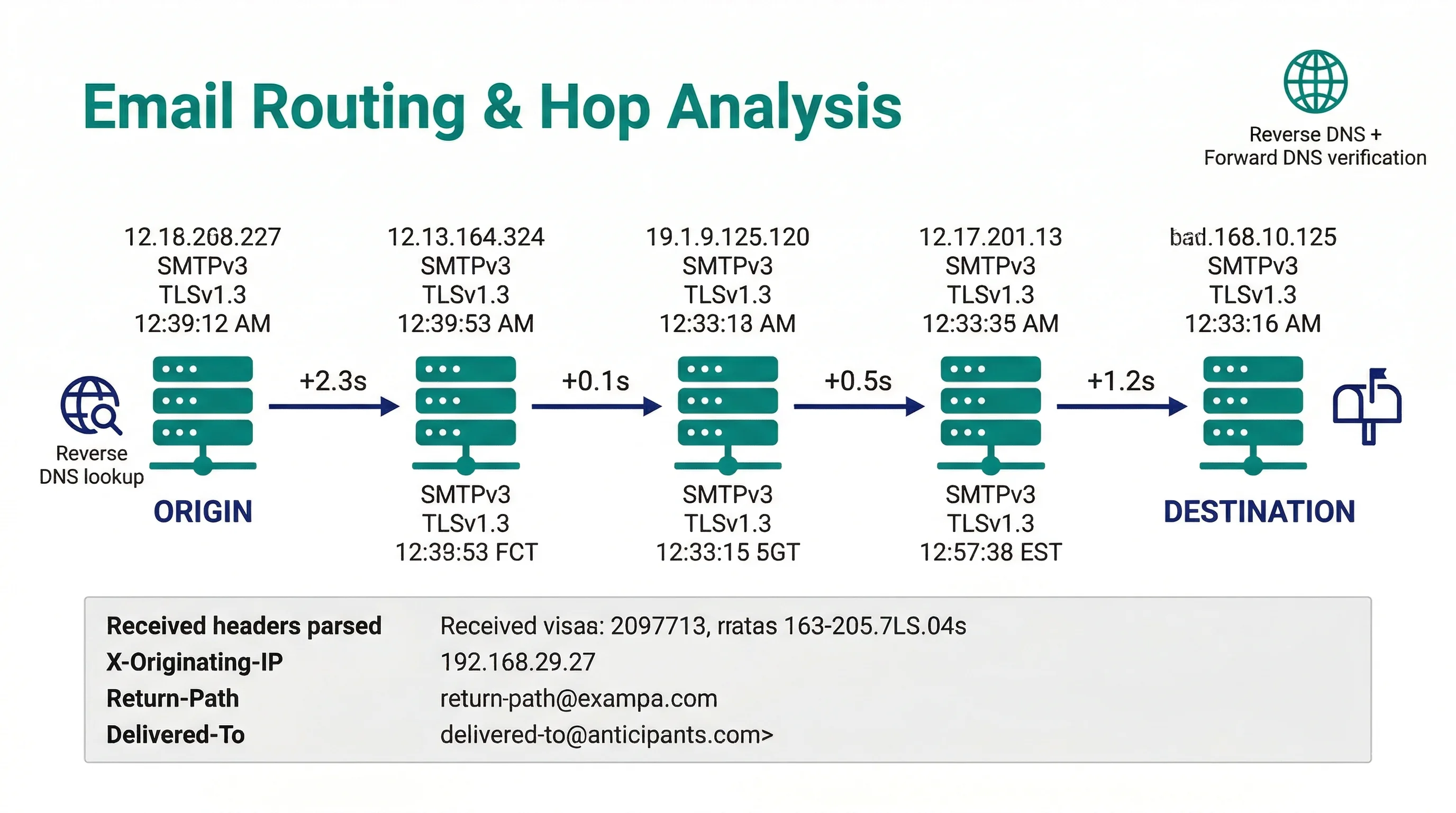 Analisi del percorso email: hop tra server con IP, protocollo e ritardo di transito