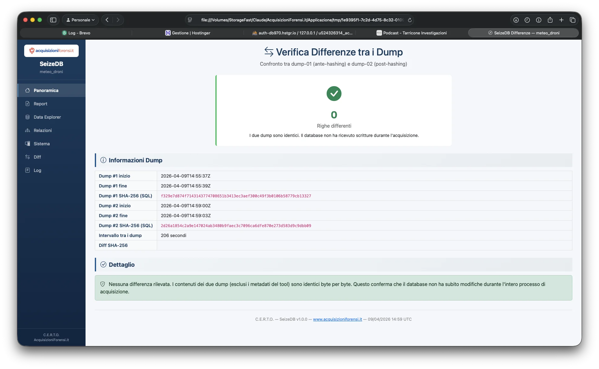 SeizeDB verifica differenze dump