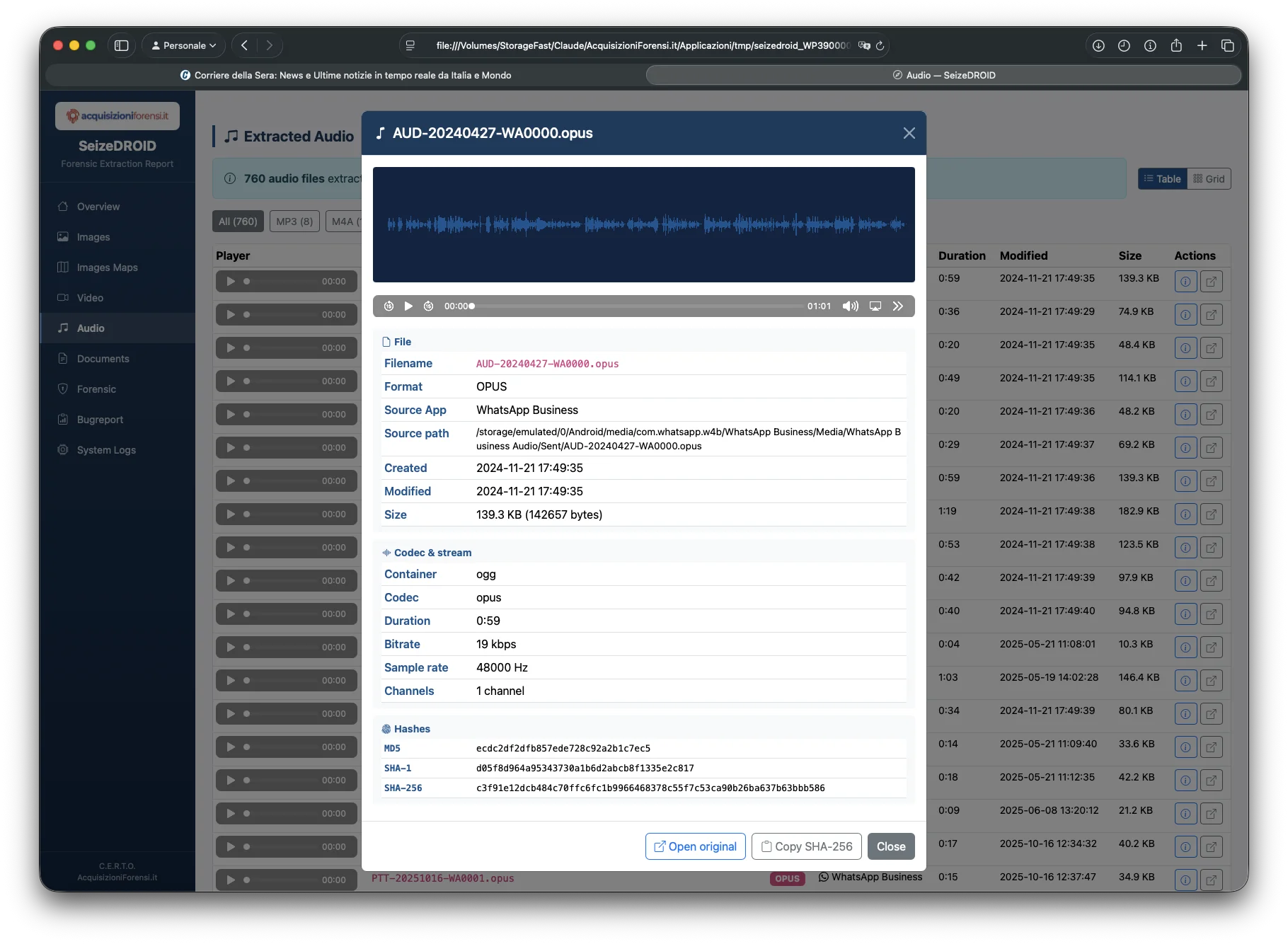 SeizeDROID dettaglio audio con waveform e hash