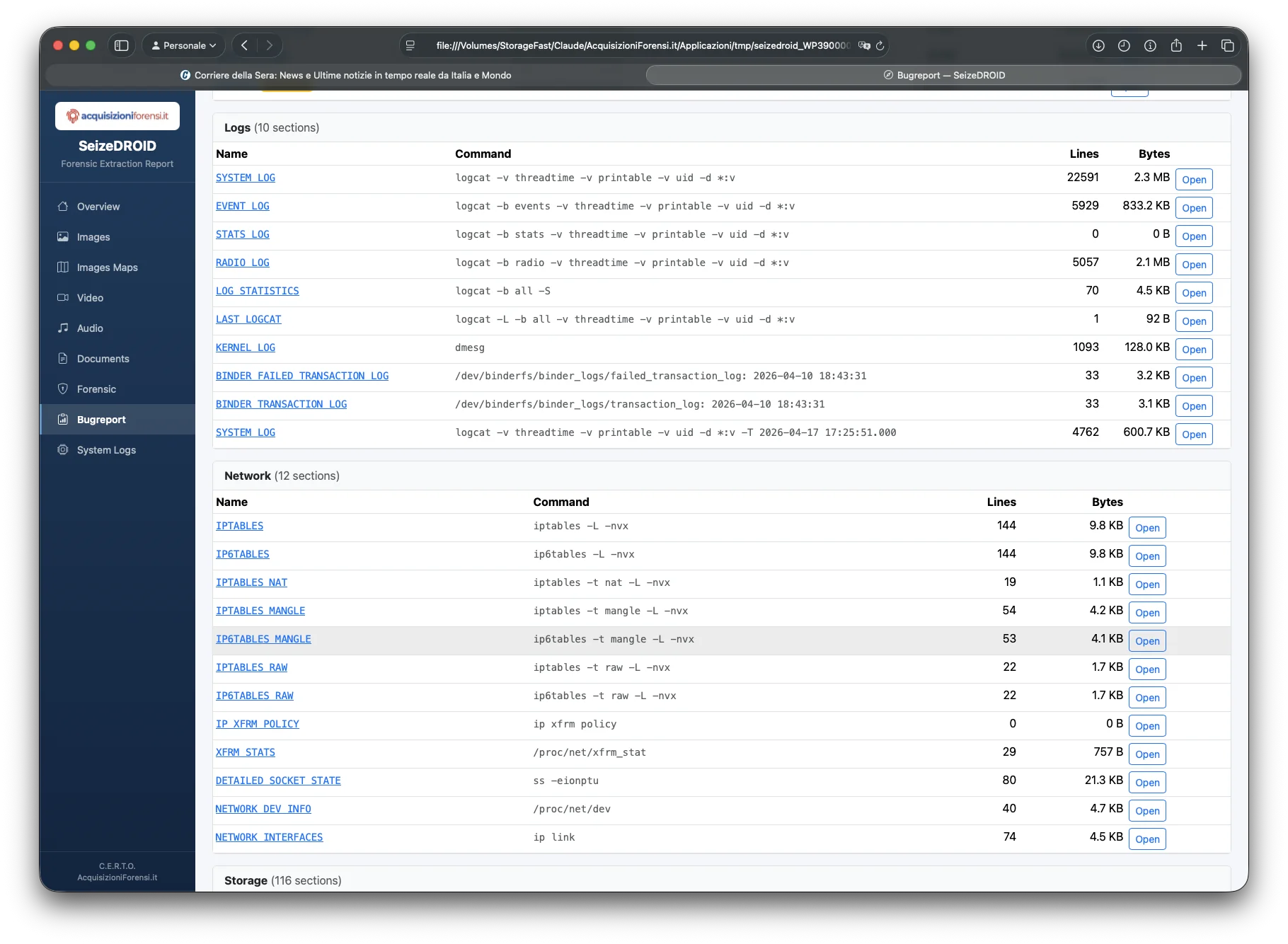 SeizeDROID sezioni bugreport