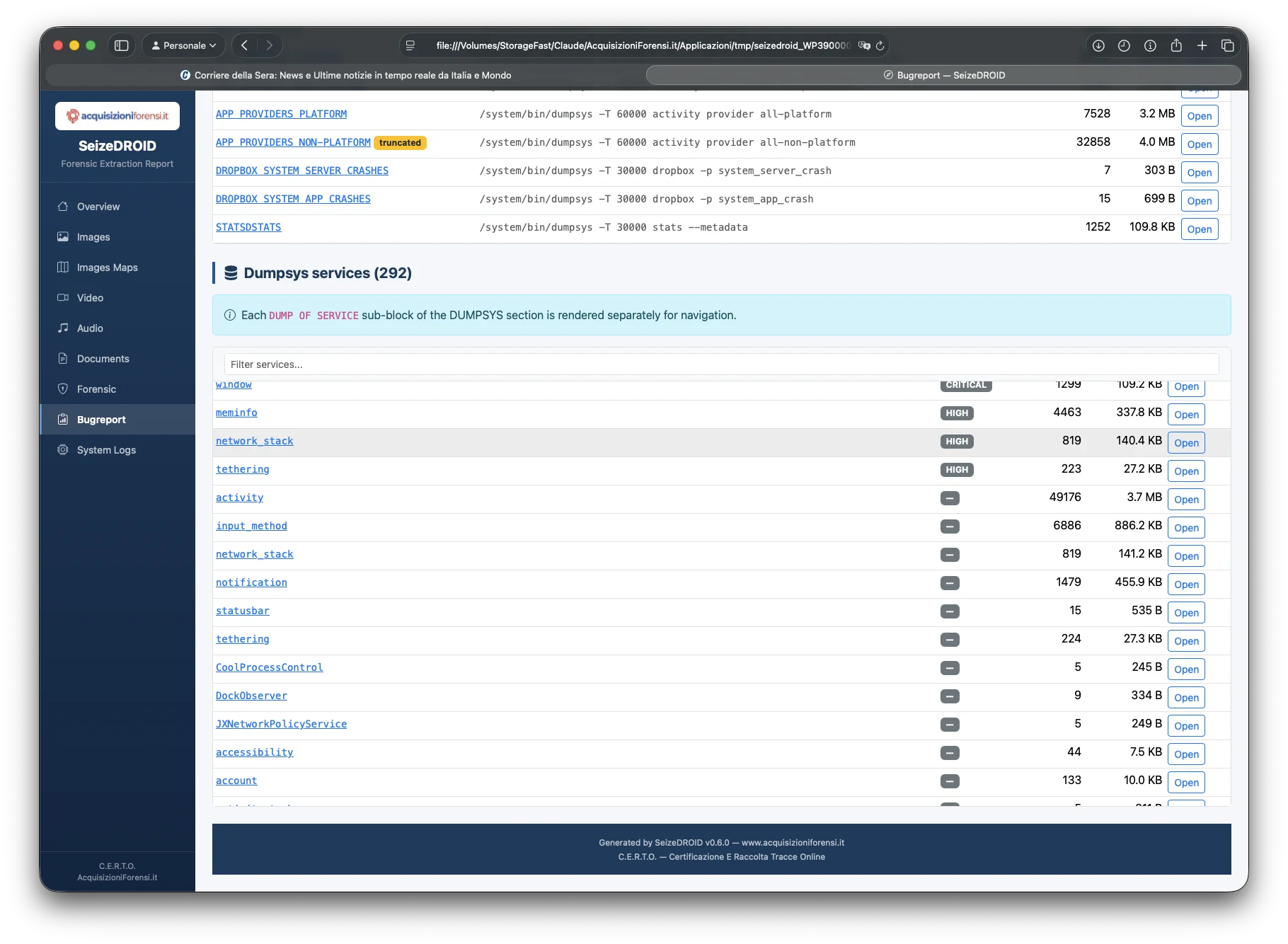 SeizeDROID 292 servizi dumpsys