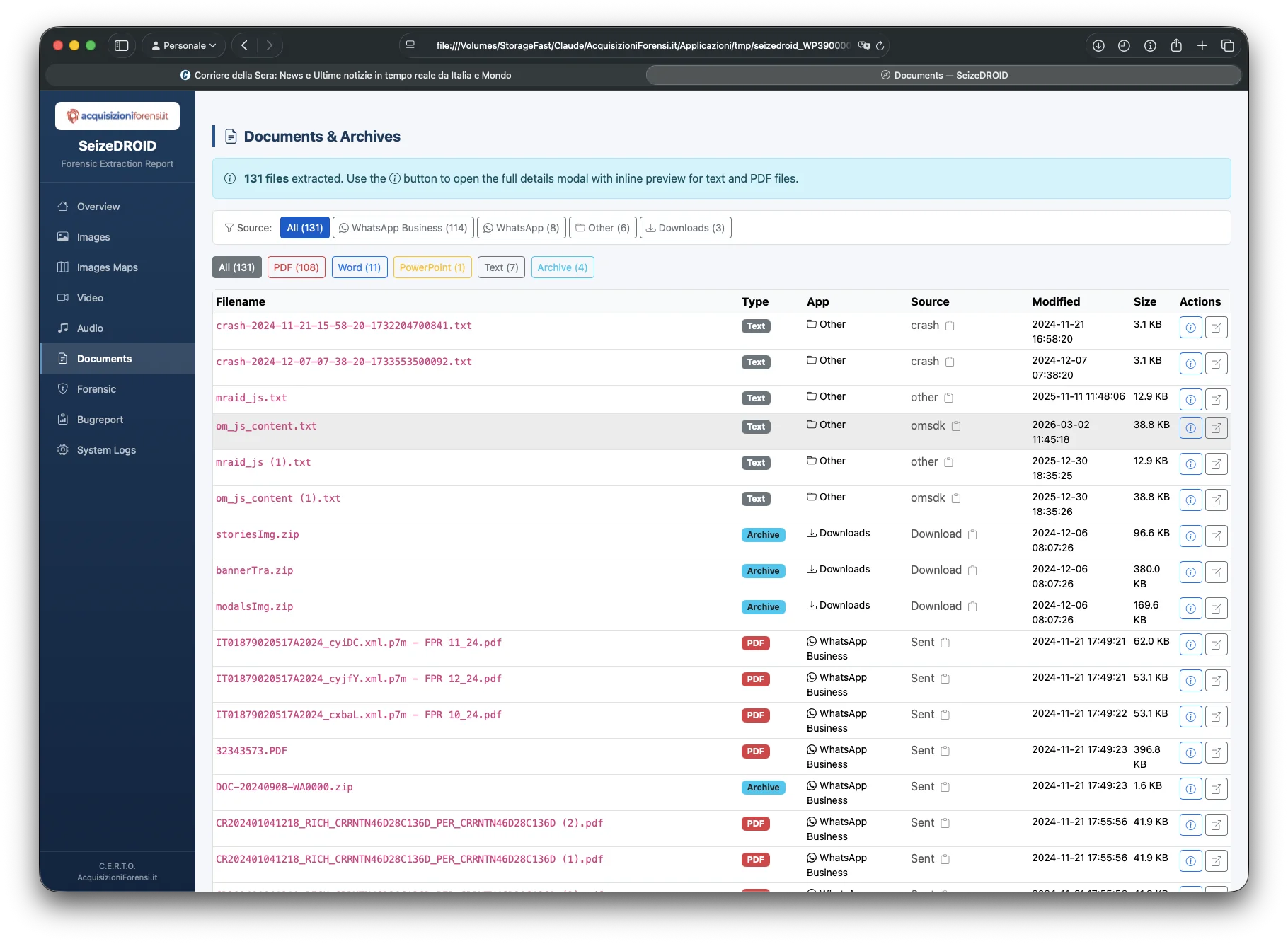SeizeDROID lista documenti con filtri