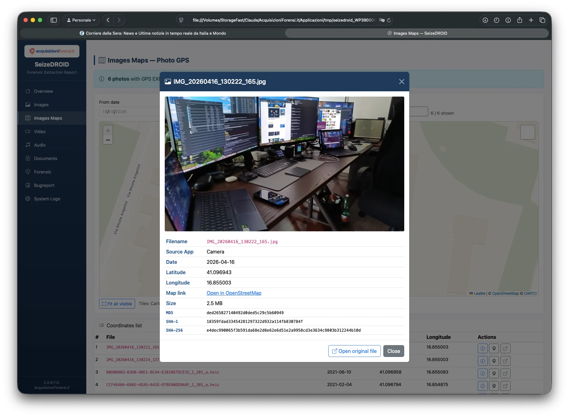 SeizeDROID dettaglio foto GPS