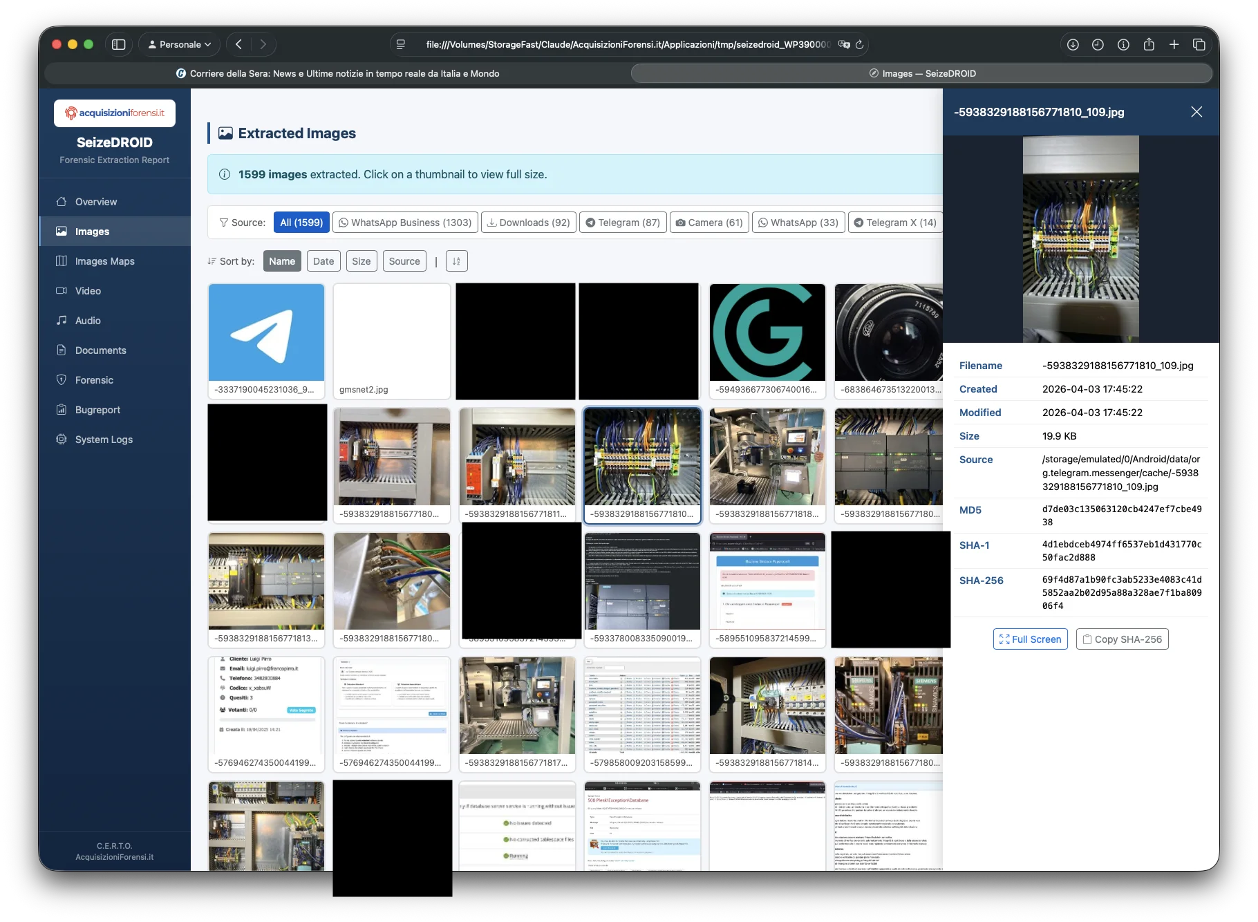 SeizeDROID lightbox con hash crittografici
