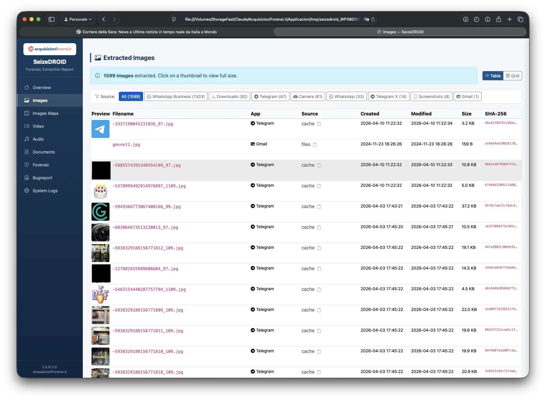 SeizeDROID galleria immagini vista tabella