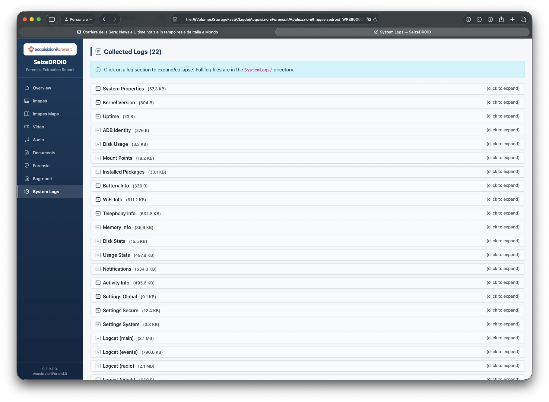 SeizeDROID 22 log di sistema