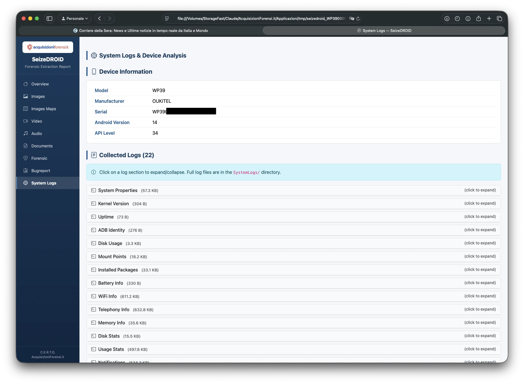 SeizeDROID log di sistema