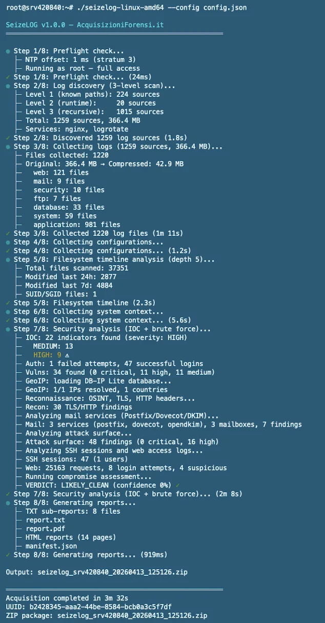 SeizeLOG CLI output: flusso completo 8 step