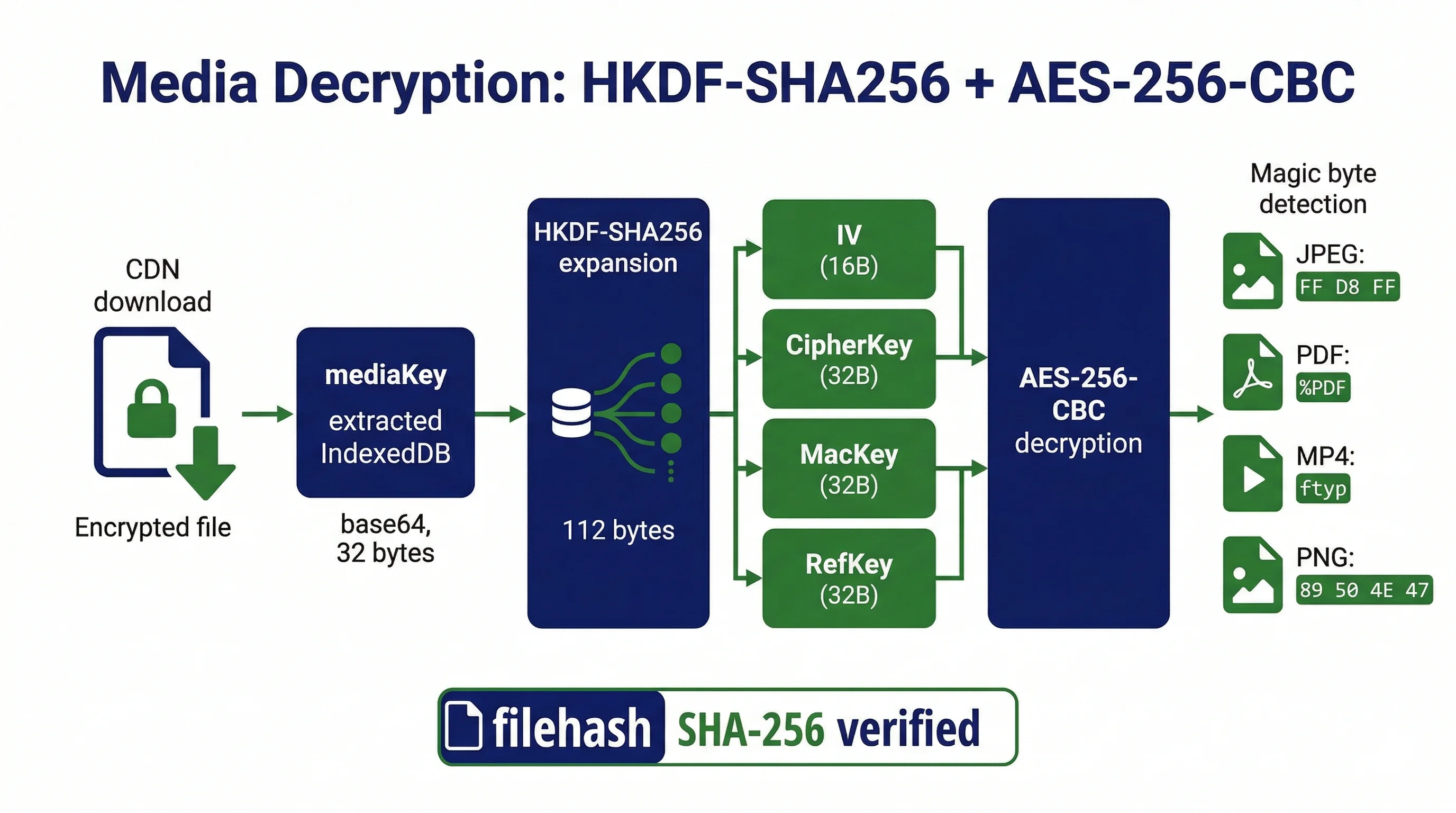 Pipeline di decifratura media WhatsApp: HKDF-SHA256 + AES-256-CBC