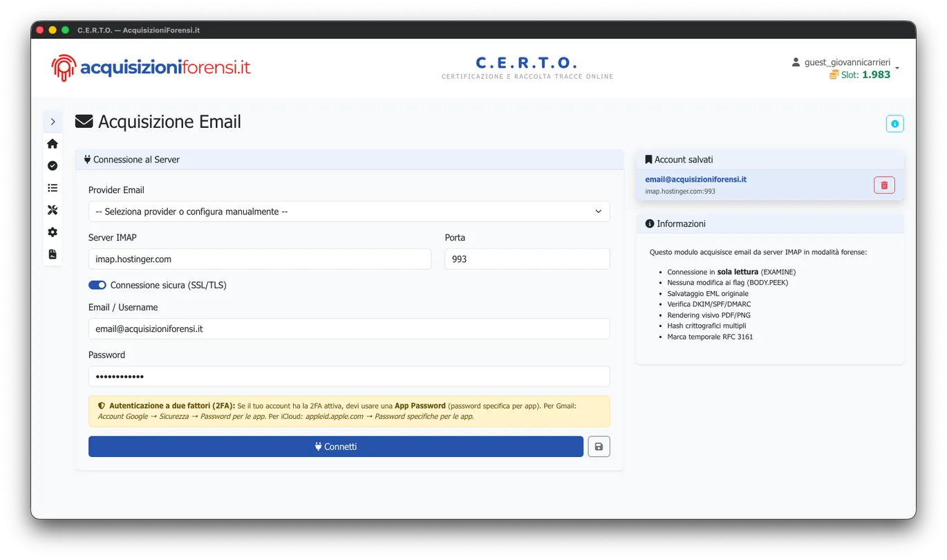 C.E.R.T.O. 3.0 - Configurazione connessione IMAP: server, porta, email, password e account salvati