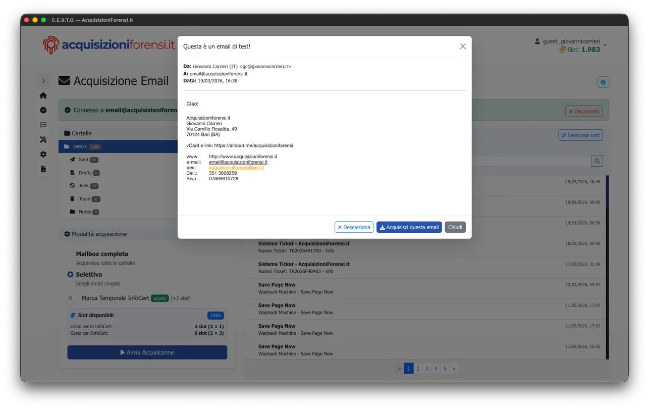 C.E.R.T.O. 3.0 - Visualizzatore email con anteprima messaggio e pulsante acquisizione