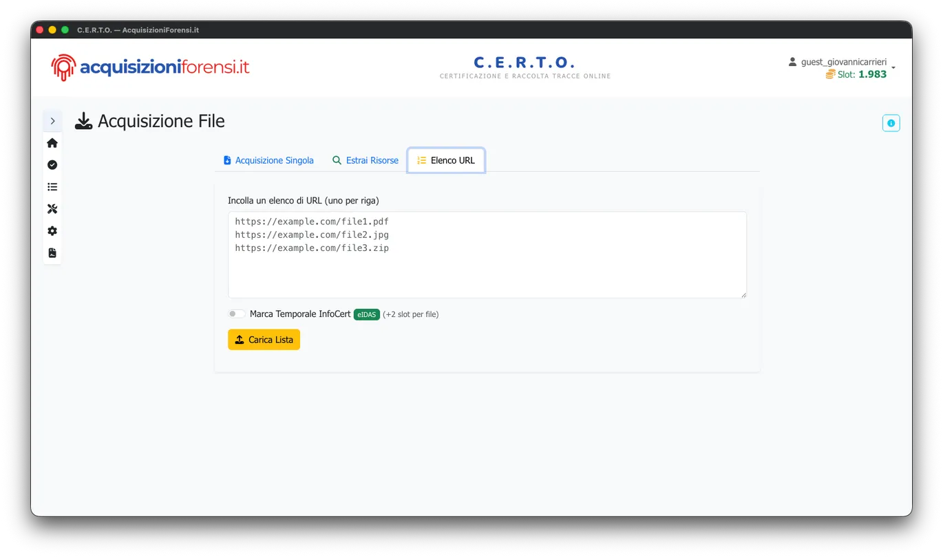 C.E.R.T.O. 3.0 - Acquisizione multipla da elenco URL con marca temporale InfoCert eIDAS