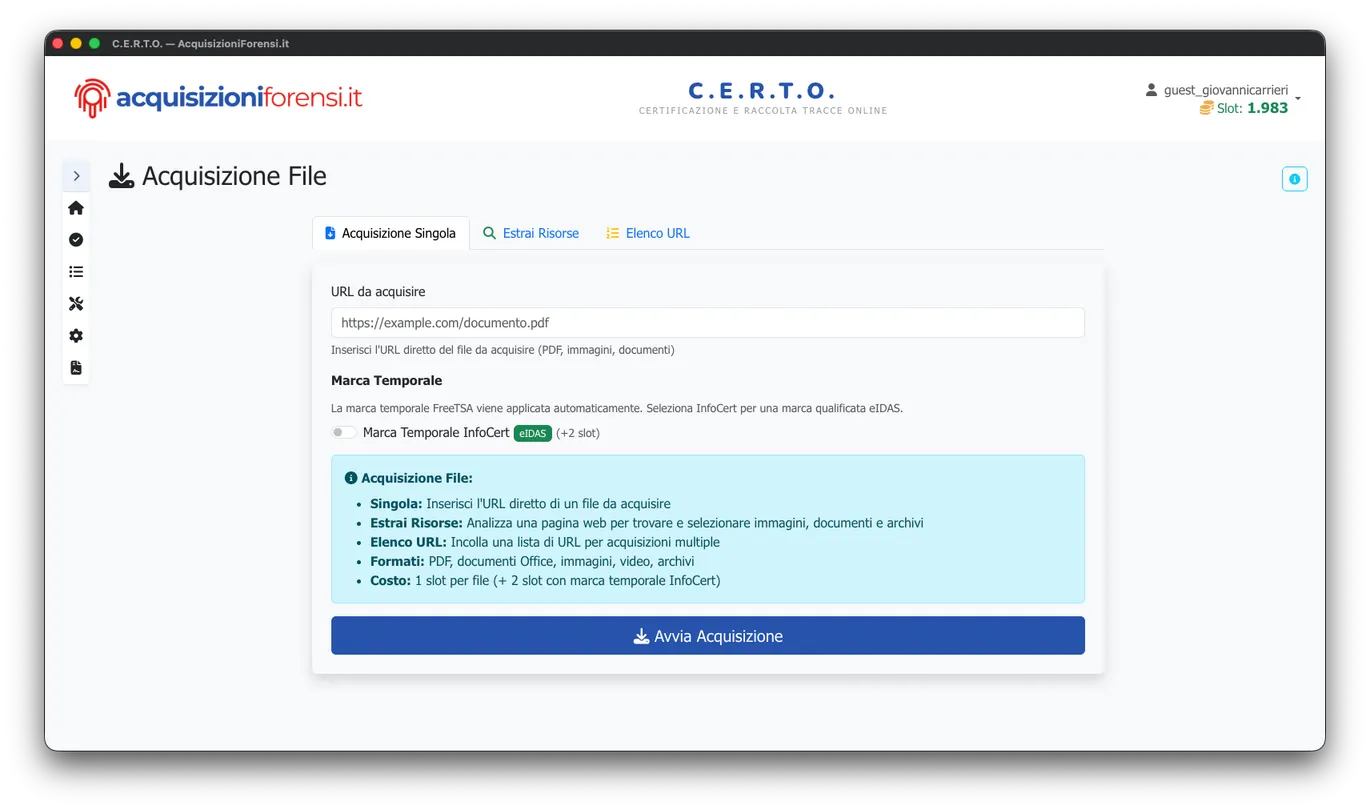 C.E.R.T.O. 3.0 - Dashboard con i quattro moduli: Acquisizione File, Pagine Web, Email, Immagine/Screenshot