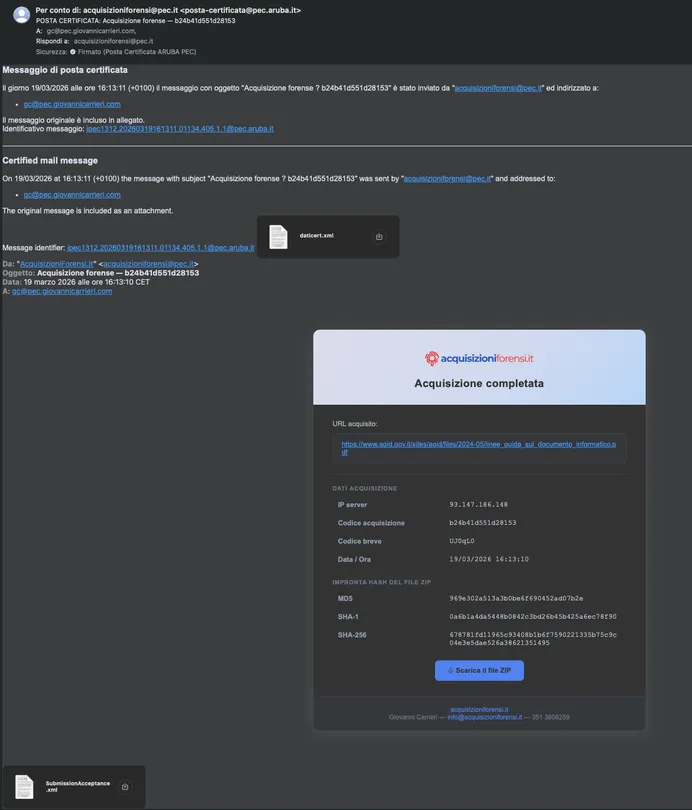 Ricevuta PEC dell'acquisizione forense con C.E.R.T.O.: riepilogo con hash, IP server e link di verifica