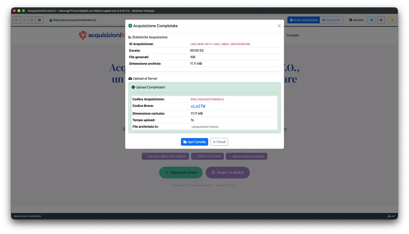 C.E.R.T.O. 3.0 - Acquisizione completata: statistiche, upload e codice di verifica
