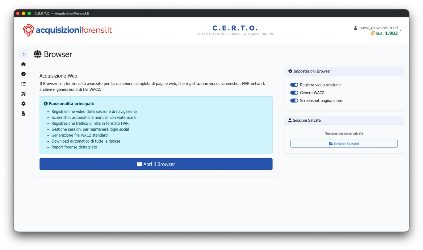 C.E.R.T.O. 3.0 - Modulo Acquisizione Web con impostazioni browser: registrazione video, WACZ, screenshot e gestione sessioni