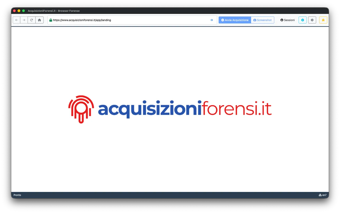 C.E.R.T.O. 3.0 - Browser forense con barra strumenti: Avvia Acquisizione, Screenshot, Sessioni