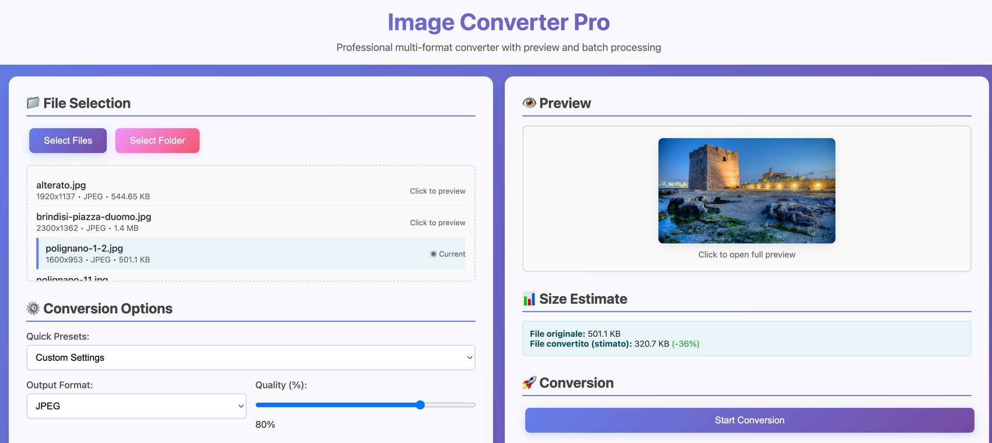 Interfaccia principale ImgConv con anteprima in tempo reale e controlli di conversione