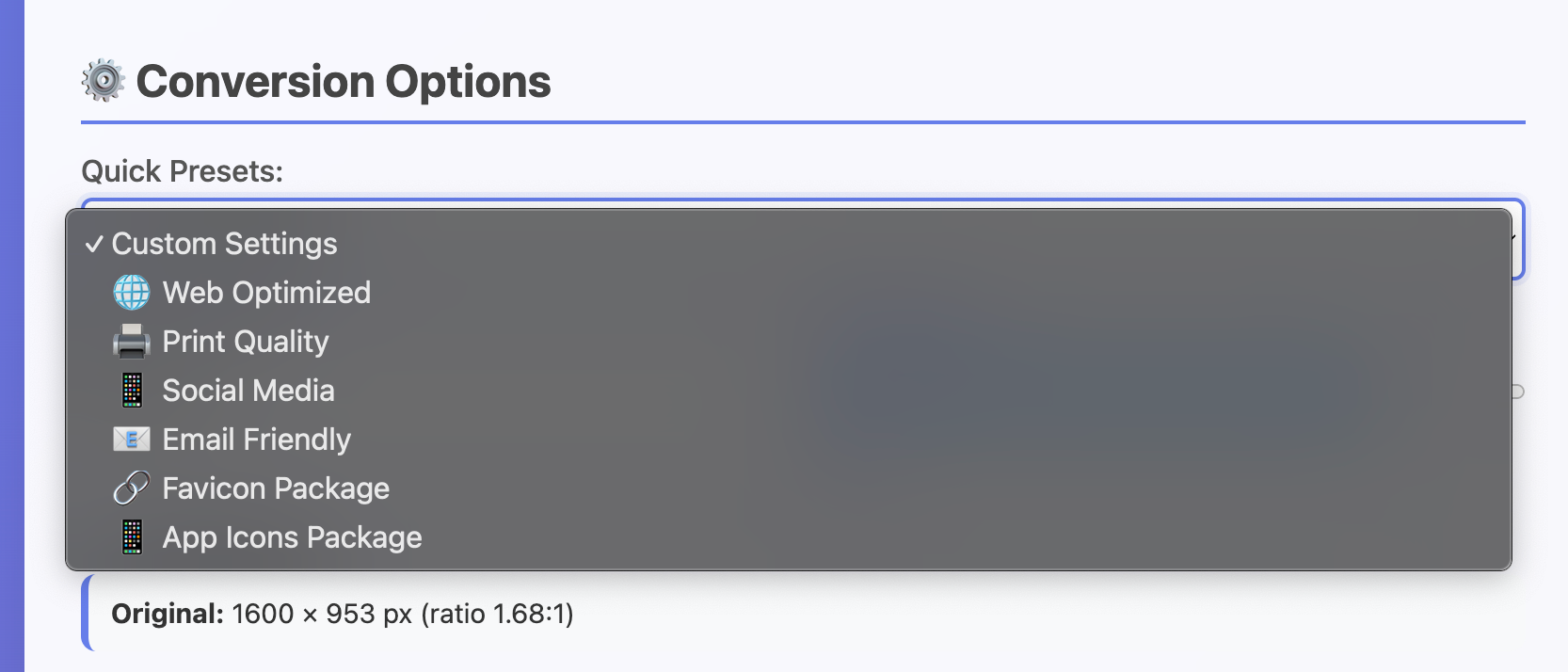 Profili preset ImgConv per web, print, social media e email
