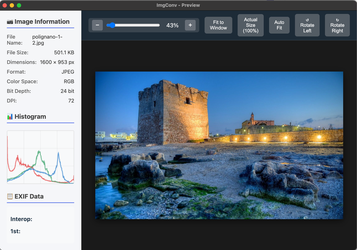 Anteprima in tempo reale ImgConv con metadati EXIF