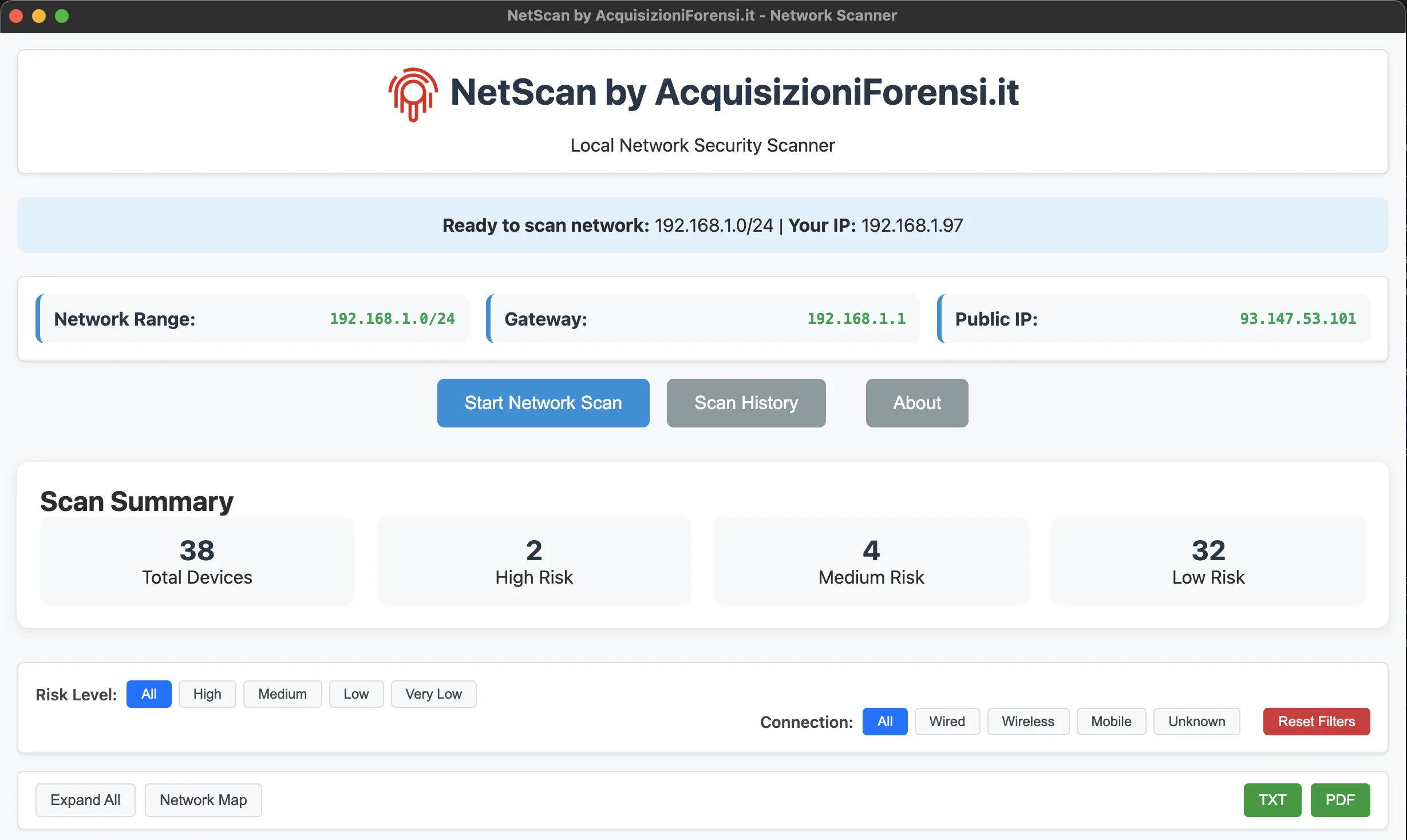 Interfaccia principale NetScan con lista dispositivi di rete scansionati