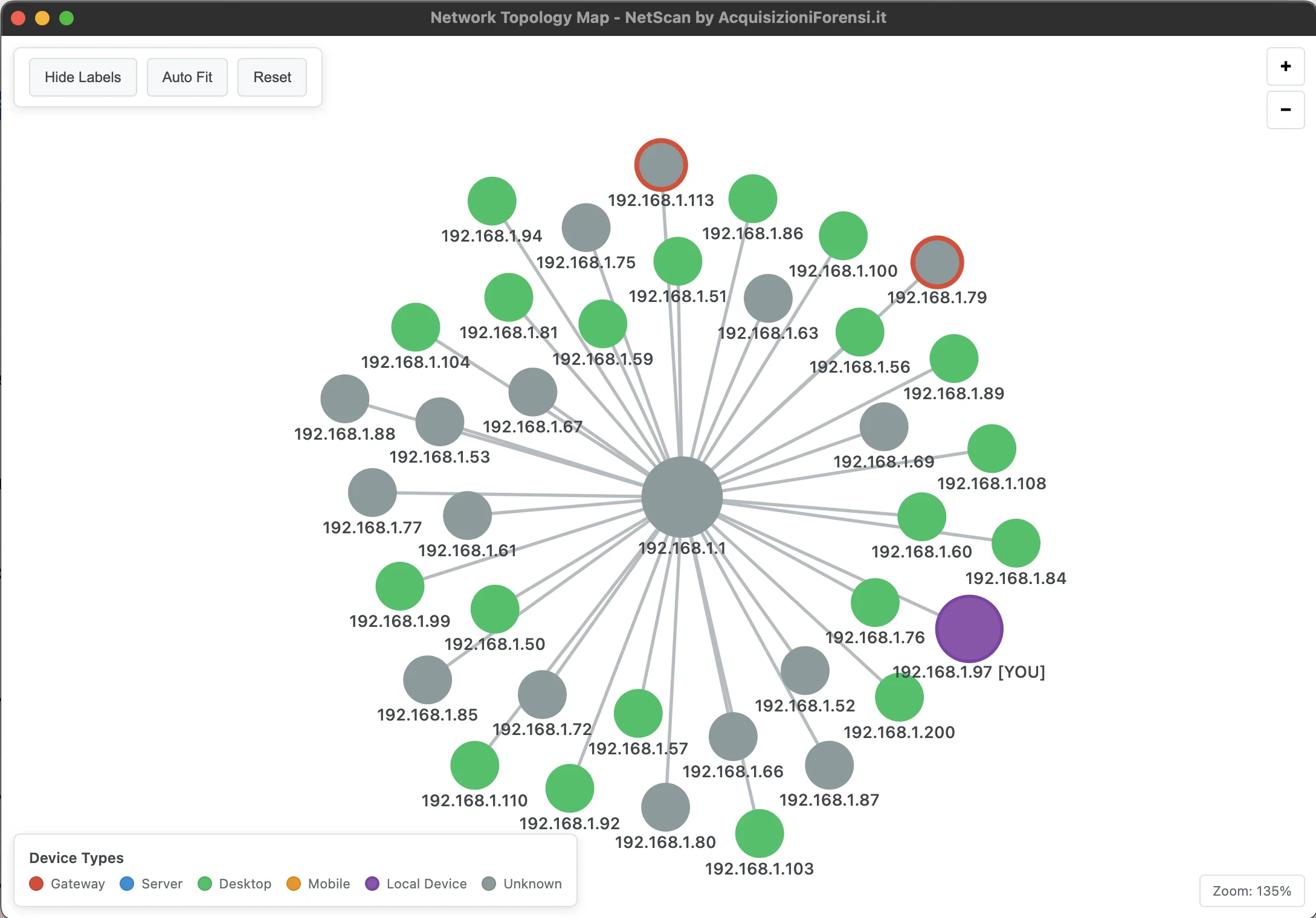 Mappa topologia di rete interattiva NetScan con visualizzazione D3.js